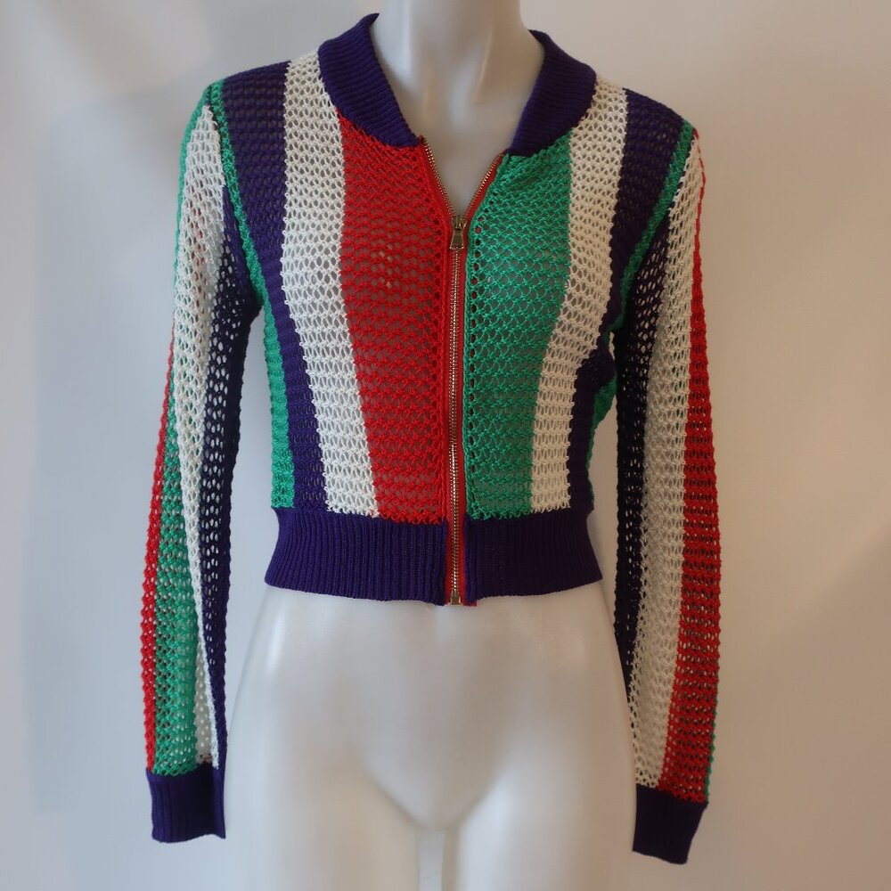 NWOT Womens Love Sense Multicolor Bold Striped Open Knit Zip Cardigan Sweater S